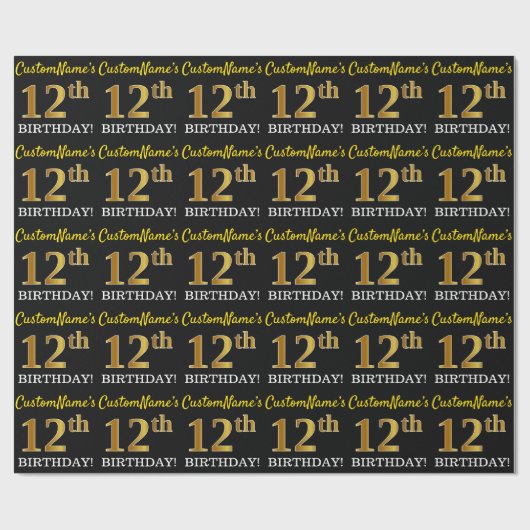 Black, Imitation Gold "12th BIRTHDAY" Cadeaupapier (Vlak)