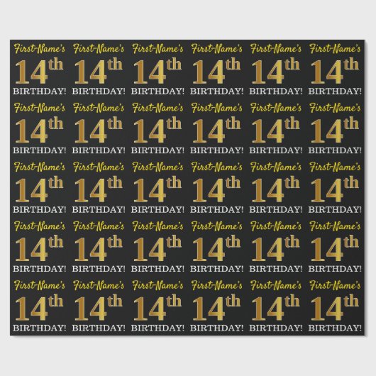 Black, Imitation Gold "14th BIRTHDAY" Cadeaupapier (Vlak)