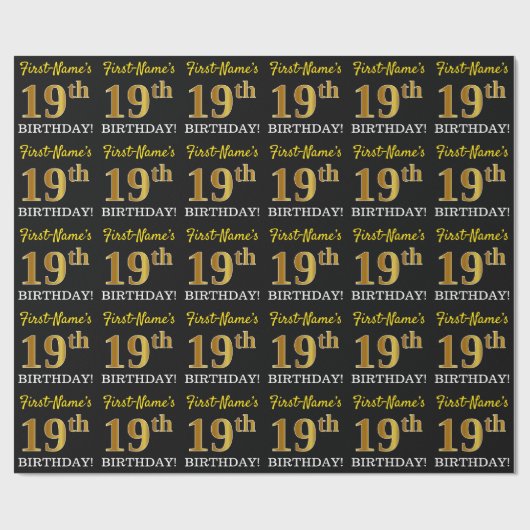 Black, Imitation Gold "19th BIRTHDAY" Cadeaupapier (Vlak)