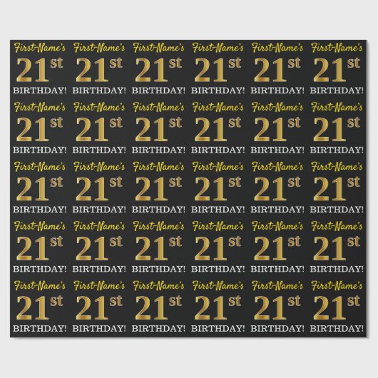 Black, Imitation Gold "21st BIRTHDAY" Cadeaupapier (Vlak)