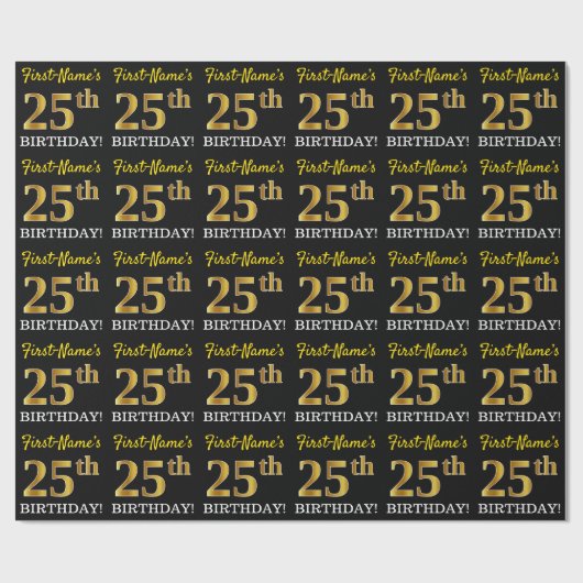 Black, Imitation Gold "25th BIRTHDAY" Cadeaupapier (Vlak)
