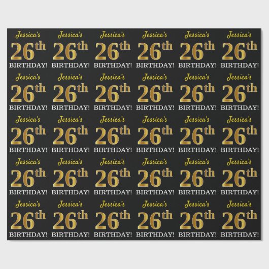 Black, Imitation Gold "26th BIRTHDAY" Cadeaupapier (Vlak)