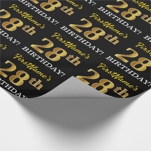 Black, Imitation Gold "28th BIRTHDAY" Cadeaupapier (Hoek)