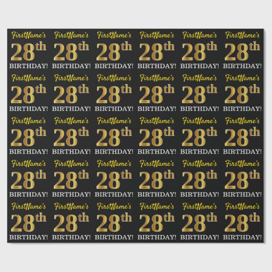 Black, Imitation Gold "28th BIRTHDAY" Cadeaupapier (Vlak)