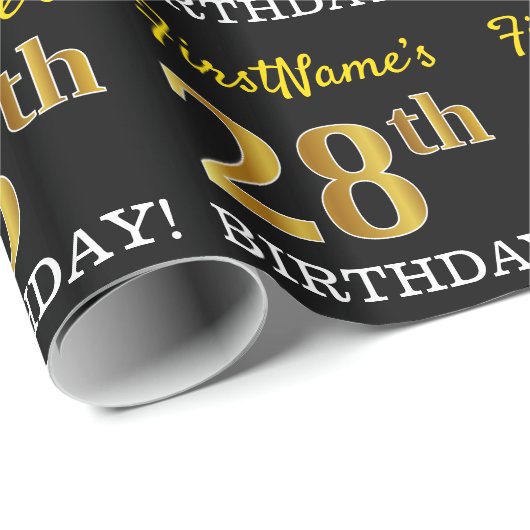 Black, Imitation Gold "28th BIRTHDAY" Cadeaupapier (Rol Hoek)