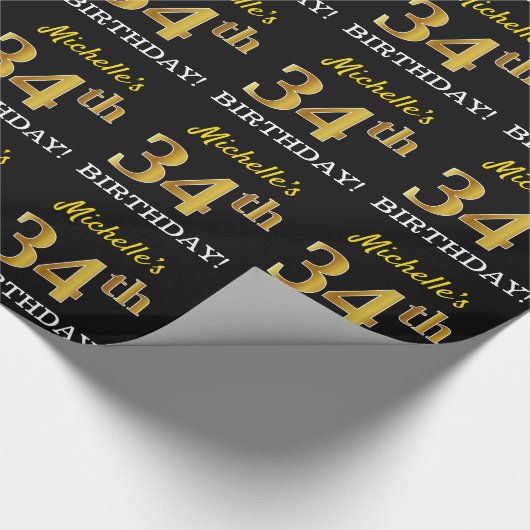 Black, Imitation Gold "34th BIRTHDAY" Cadeaupapier (Hoek)