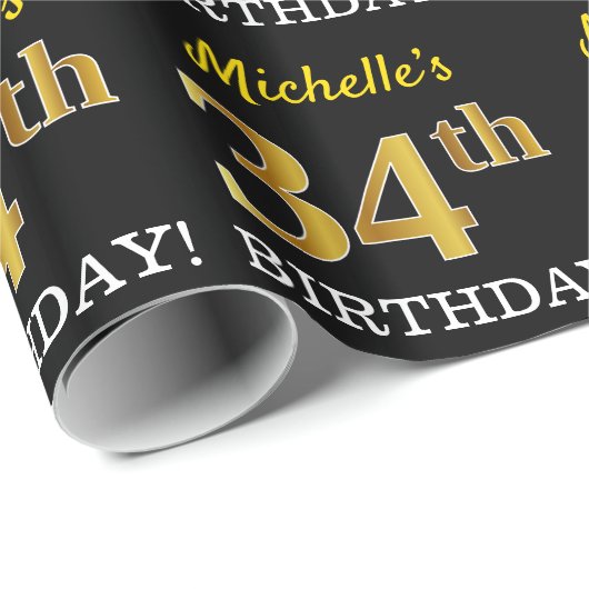 Black, Imitation Gold "34th BIRTHDAY" Cadeaupapier (Rol Hoek)