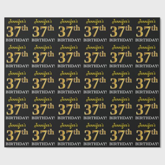 Black, Imitation Gold "37th BIRTHDAY" Cadeaupapier (Vlak)