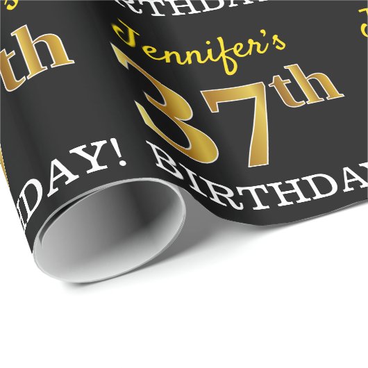 Black, Imitation Gold "37th BIRTHDAY" Cadeaupapier (Rol Hoek)