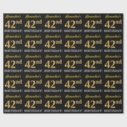 Black, Imitation Gold "42nd BIRTHDAY" Cadeaupapier (Vlak)