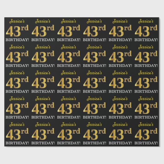 Black, Imitation Gold "43rd BIRTHDAY" Cadeaupapier (Vlak)