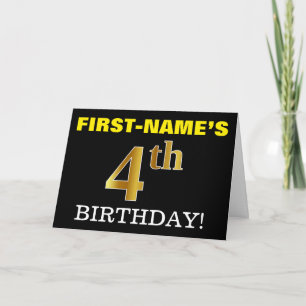 Black, Imitation Gold "4th BIRTHDAY"-Kaart Kaart