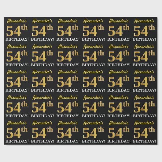 Black, Imitation Gold "54th BIRTHDAY" Cadeaupapier (Vlak)