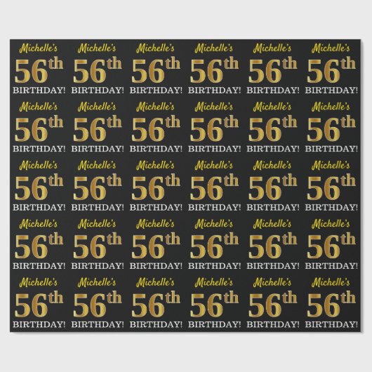Black, Imitation Gold "56th BIRTHDAY" Cadeaupapier (Vlak)