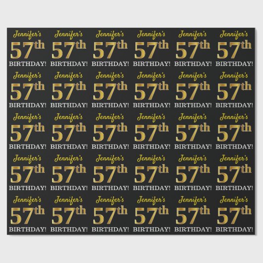 Black, Imitation Gold "57th BIRTHDAY" Cadeaupapier (Vlak)