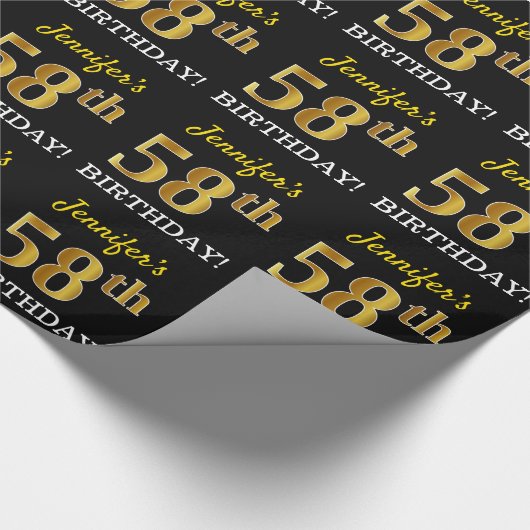 Black, Imitation Gold "58th BIRTHDAY" Cadeaupapier (Hoek)
