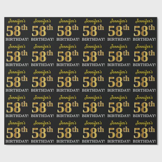 Black, Imitation Gold "58th BIRTHDAY" Cadeaupapier (Vlak)