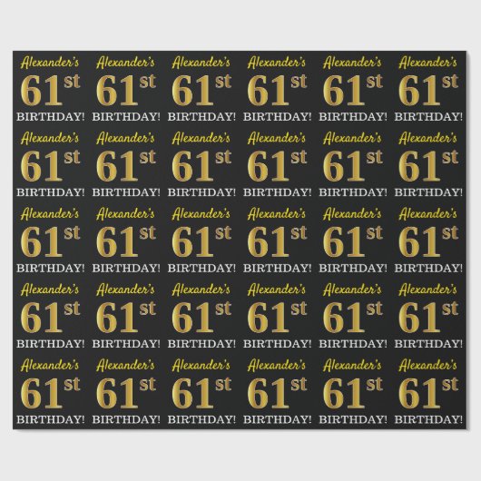 Black, Imitation Gold "61st BIRTHDAY" Cadeaupapier (Vlak)