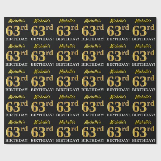 Black, Imitation Gold "63rd BIRTHDAY" Cadeaupapier (Vlak)
