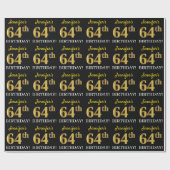 Black, Imitation Gold "64th BIRTHDAY" Cadeaupapier (Vlak)
