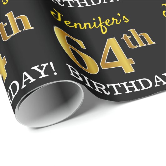 Black, Imitation Gold "64th BIRTHDAY" Cadeaupapier (Rol Hoek)