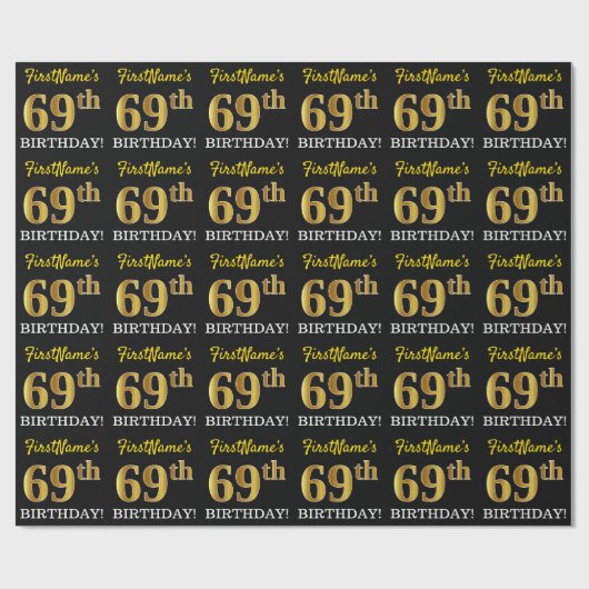 Black, Imitation Gold "69th BIRTHDAY" Cadeaupapier (Vlak)