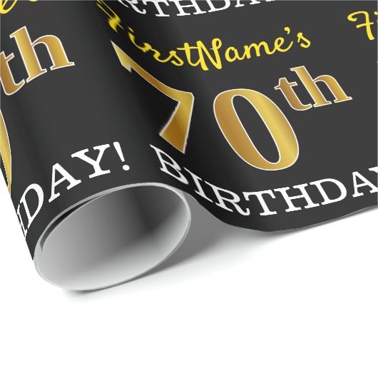 Black, Imitation Gold "70th BIRTHDAY" Cadeaupapier (Rol Hoek)