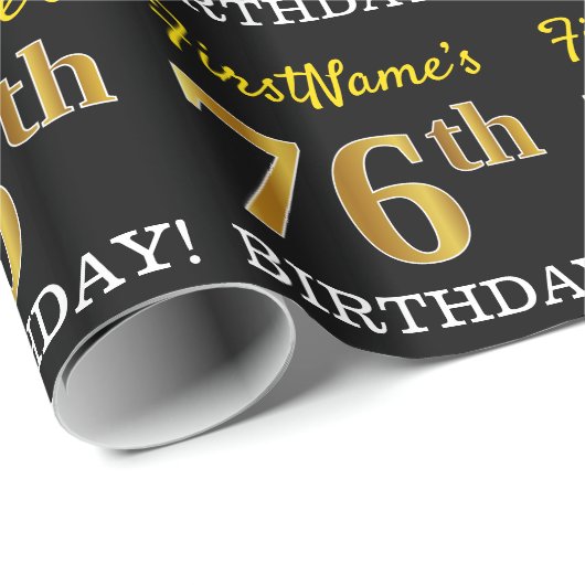 Black, Imitation Gold "76th BIRTHDAY" Cadeaupapier (Rol Hoek)