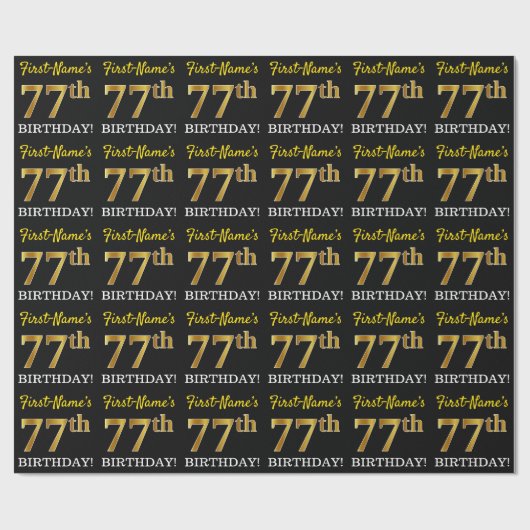 Black, Imitation Gold "77th BIRTHDAY" Cadeaupapier (Vlak)