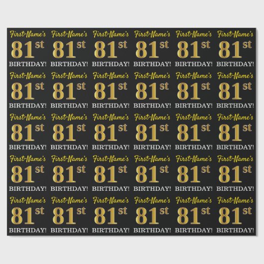 Black, Imitation Gold "81st BIRTHDAY" Cadeaupapier (Vlak)