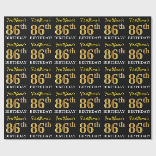 Black, Imitation Gold "86th BIRTHDAY" Cadeaupapier (Vlak)