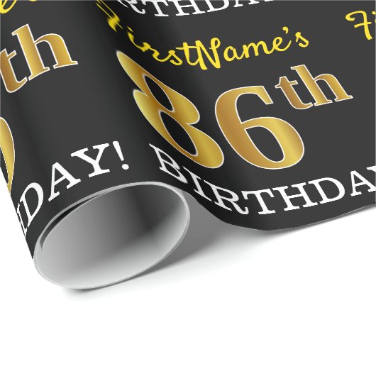 Black, Imitation Gold "86th BIRTHDAY" Cadeaupapier (Rol Hoek)
