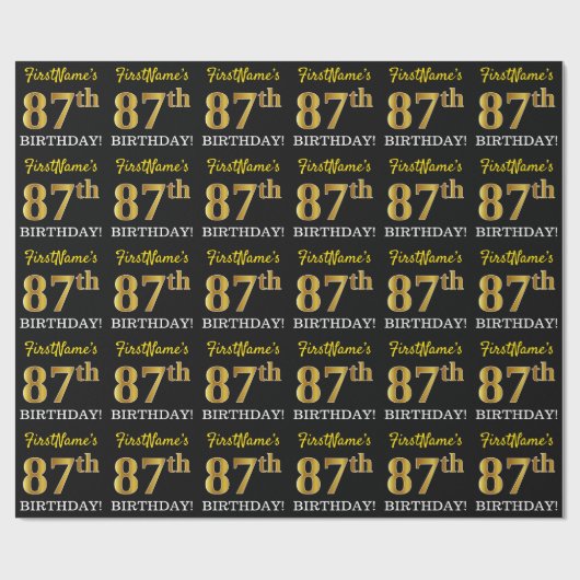 Black, Imitation Gold "87th BIRTHDAY" Cadeaupapier (Vlak)