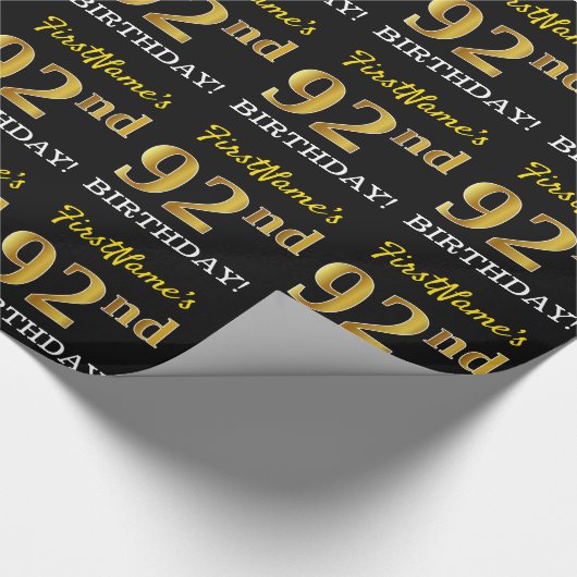Black, Imitation Gold "92nd BIRTHDAY" Cadeaupapier (Hoek)