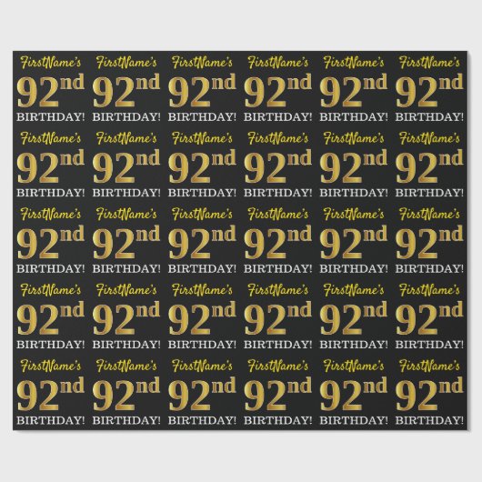 Black, Imitation Gold "92nd BIRTHDAY" Cadeaupapier (Vlak)