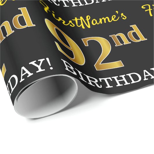 Black, Imitation Gold "92nd BIRTHDAY" Cadeaupapier (Rol Hoek)