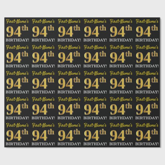 Black, Imitation Gold "94th BIRTHDAY" Cadeaupapier (Vlak)