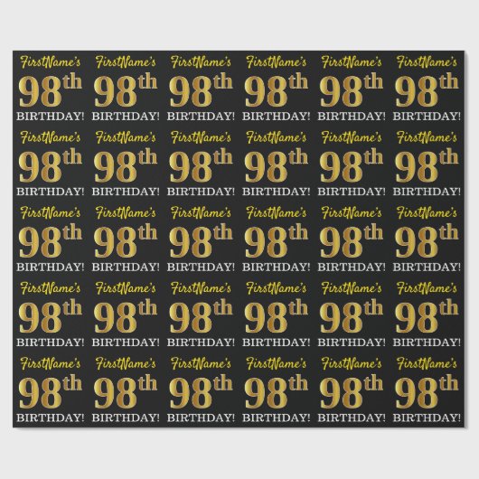 Black, Imitation Gold "98th BIRTHDAY" Cadeaupapier (Vlak)
