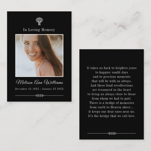 Black in Loing Memory Tree Funeral Memorial Card Visitekaartje (Voorkant / Achterkant)