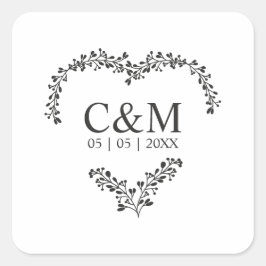 Black Initial On a Branches Heart Vierkante Sticker