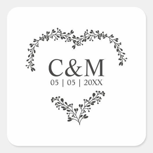Black Initial On a Branches Heart Vierkante Sticker (Voorkant)