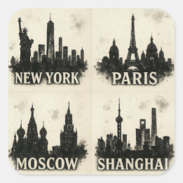 Black Ink City Skylines – New York, Parijs, Moskou Vierkante Sticker