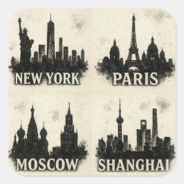Black Ink City Skylines – New York, Parijs, Moskou Vierkante Sticker