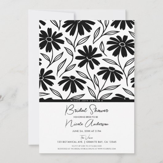 Black Ink Daisies Boho Vrijgezellenfeest Kaart (Voorkant)