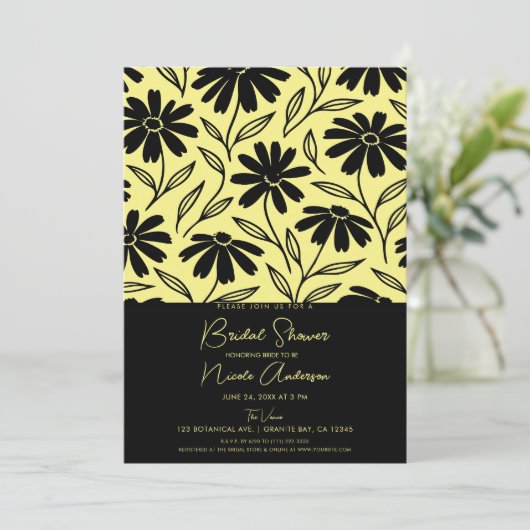 Black Ink Daisies Yellow Boho Vrijgezellenfeest Kaart (Staand voorkant)