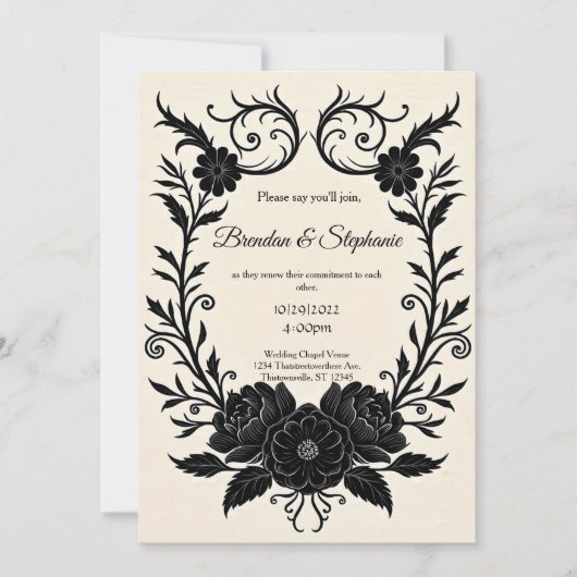 Black Ink Floral Vintage Goth Wedding Kaart (Voorkant)