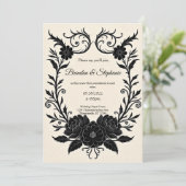 Black Ink Floral Vintage Goth Wedding Kaart (Staand voorkant)