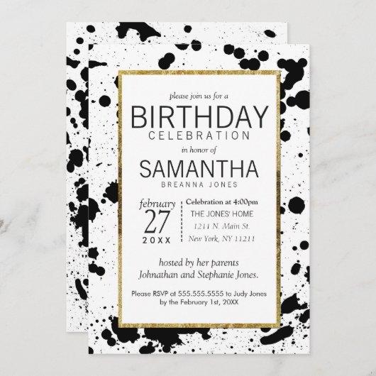 Black Ink Spletters en Gouden Verjaardagsfeest Uit Kaart (Voorkant / Achterkant)