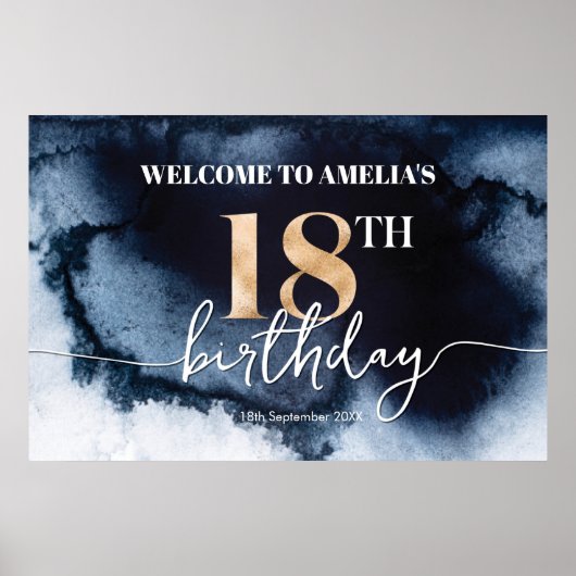 Black Ink Waterverf 18e verjaardag, welkomstbanner Poster (Voorkant)