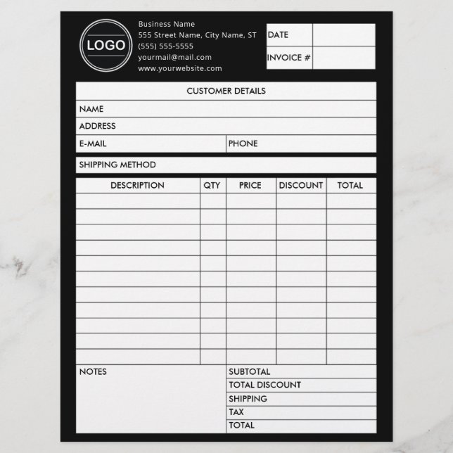 Black Invoice Business Sales Logo Formulier Ontvan Briefhoofd (Voorkant)